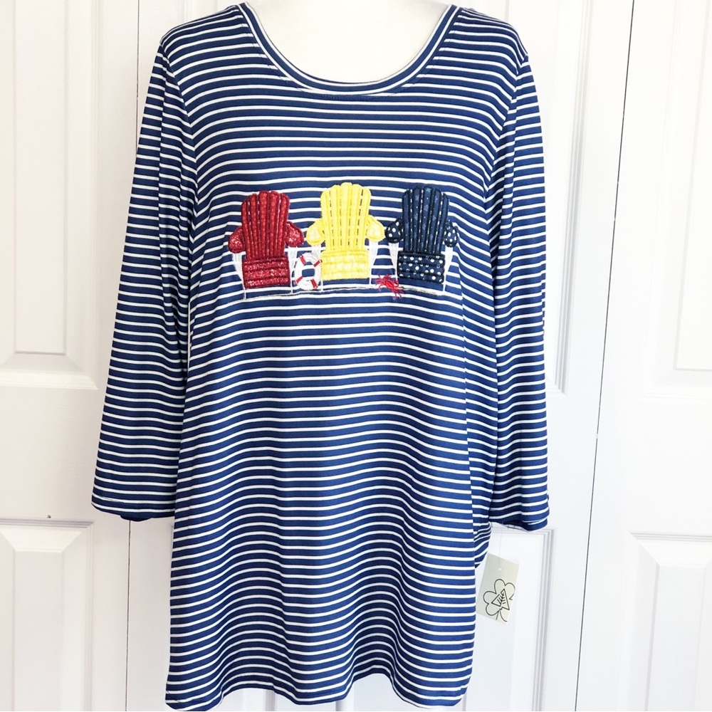 NWT Clover + Pine Navy Stripe Adirondack Chair Embroidered Tee XXL
